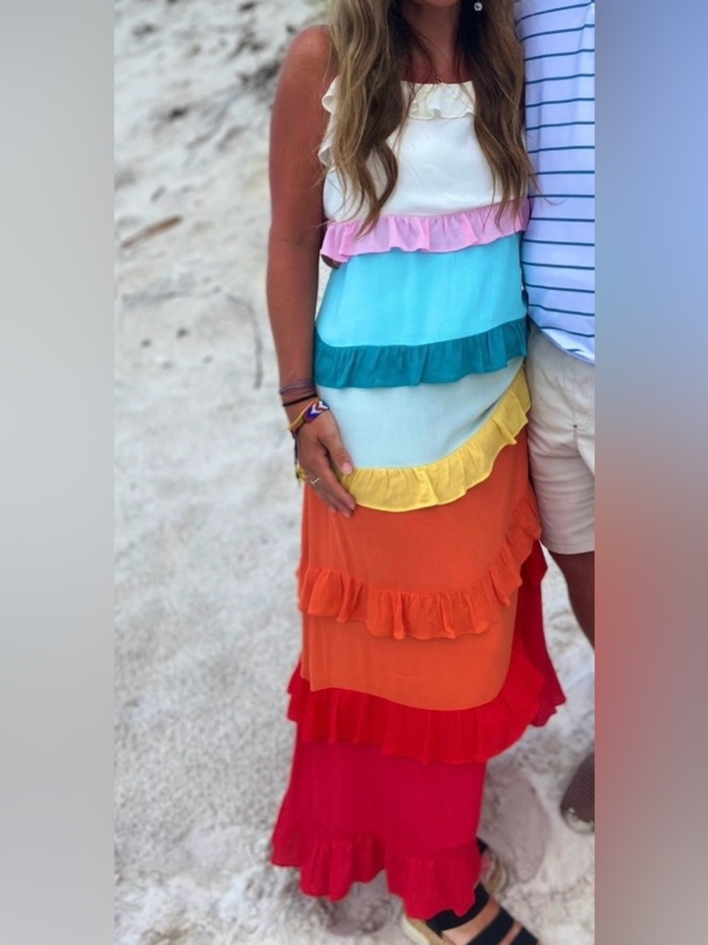 Colorblock Ruffle Maxi Dress - White, Pink, Turquoise, Teal, Yellow, Orange, Red